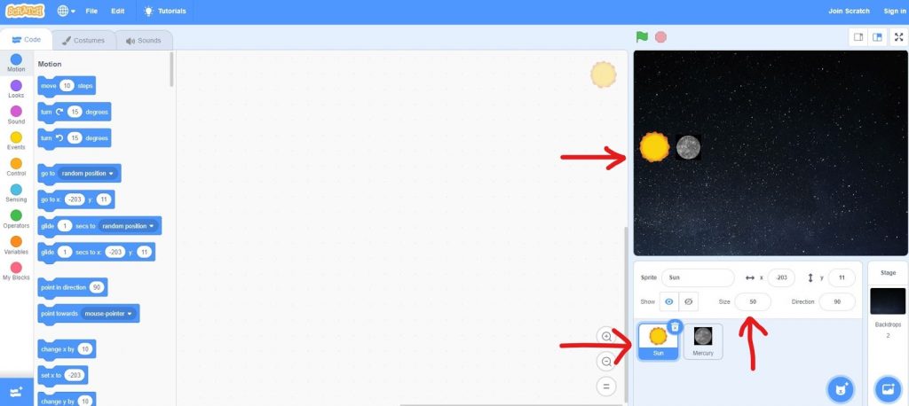 Coding sun sprite to display name on block coding scratch programming