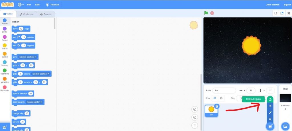 Coding sun sprite for sound on scratch platform