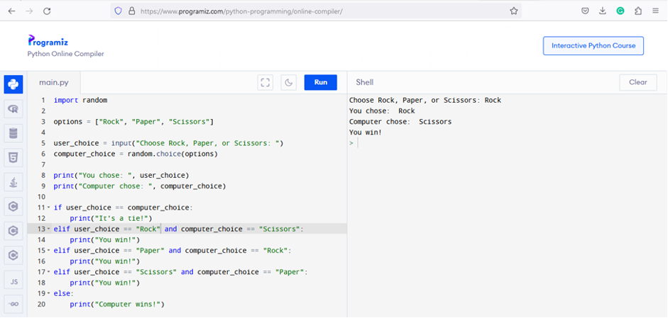 Running the code for rock, papers, scissors game in python 