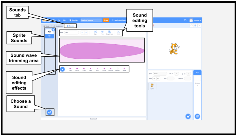 Different sound effects in a Scratch coding project for scratch coding beginners