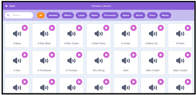 Different sound effects in a Scratch programming project for scratch programming beginners