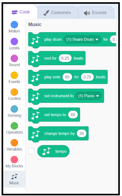 Music code blocks in a Scratch coding project for scratch coding beginners