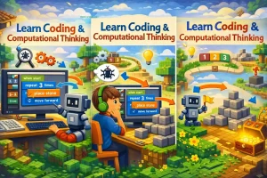 Illustration showing a child learning coding and computational thinking in a Minecraft-style environment, using block-based code on a computer to guide a robot that builds structures step by step.