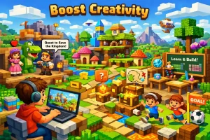 Colorful Minecraft-style scene showing kids building creative worlds, completing quests, and designing mini-games, with a child coding on a laptop and the heading “Boost Creativity.”