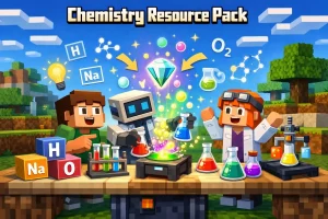 Minecraft-style scene showing kids and a robot performing colorful chemistry experiments with flasks, element blocks, and reactions, labeled “Chemistry Resource Pack,” highlighting STEM learning in a fun, interactive environment.