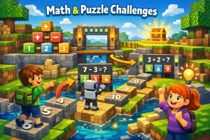 Minecraft-style scene showing kids solving math and puzzle challenges by stepping on numbered blocks and answering equations, with a robot progressing toward a treasure reward, highlighting fun learning through problem-solving.