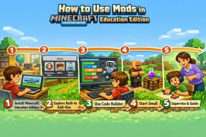 Step-by-step infographic showing how kids use Minecraft Education Edition mods: installing the game, exploring add-ons, using Code Builder, starting small projects, and learning with guidance from a parent or teacher.
