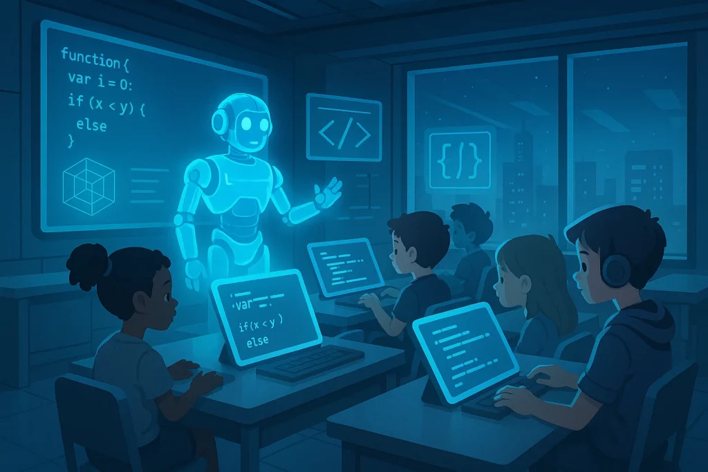 Create a futuristic classroom where kids learn coding from holograms.
