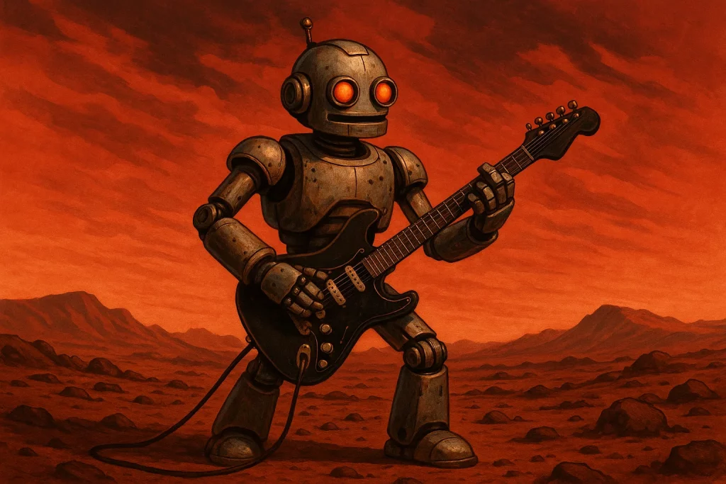 robot playing electric guitar under red sky