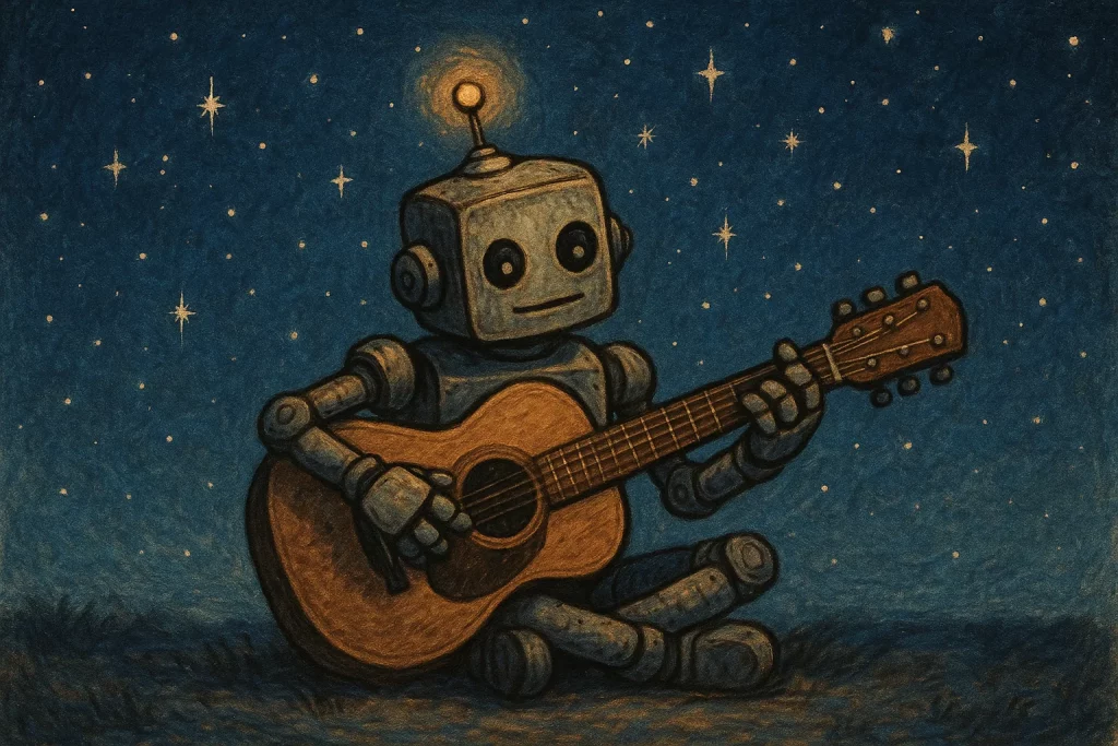 robots sitting under the sky playing guitar
