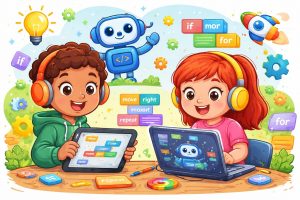 Two happy kids learning to code at a table—one using a tablet and the other a laptop—surrounded by colorful coding blocks (if, for, repeat, move), gears, a lightbulb, and a friendly robot mascot in a playful STEM-themed background.