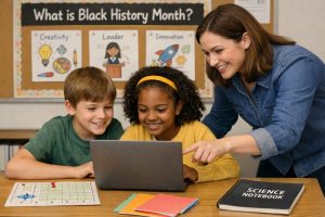 Black History Month: Teacher helping two students use a laptop in a classroom, with a bulletin board behind them that reads “What is Black History Month?” and posters about creativity, leadership, and innovation.