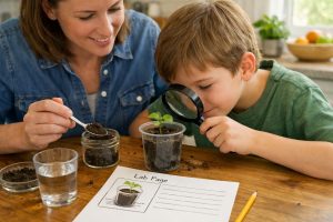 Adult guiding a child as he examines a small plant seedling with a magnifying glass, with soil samples, a cup of water, and a lab worksheet on the table.