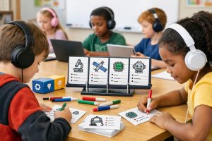 Students wearing headphones work at a classroom table, writing “inventor cards” with STEM icons and facts while other kids use tablets and laptops in the background.