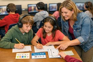 Black History Month: Teacher guiding two students wearing headphones as they solve math puzzles and a coordinate-graph activity on paper at a classroom table, with other students working on computers in the background.