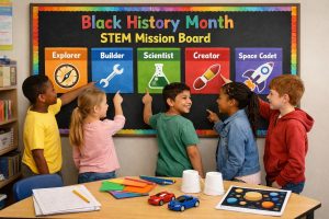 Black History Month: Students pointing at a classroom bulletin board titled “Black History Month STEM Mission Board,” showing five activity roles—Explorer, Builder, Scientist, Creator, and Space Cadet—with colorful icons.