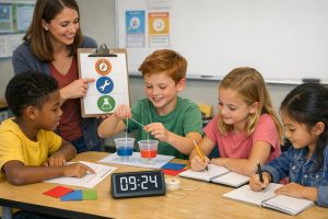 Teacher holding a clipboard with “Explorer,” “Builder,” and “Scientist” badges while a group of students runs a timed classroom experiment with colored water cups and records observations in notebooks.