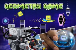 Geometry Game” banner with a neon platform-jumping video game scene above photos of two coding robots: a LEGO-style robotics build and a hand holding a glowing blue Sphero BOLT robot ball.