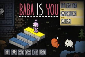 a small purple character on block platforms, and rule/command icons on the screen that represent logic-based programming.