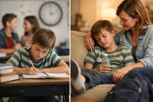 Split image showing a school-age boy concentrating on writing in a classroom, then resting tired on a couch at home while his mother sits beside him.