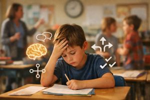 Tired school-age boy sitting at a classroom desk with his head in his hand, while icons of a brain, chat bubbles, arrows, and checkmarks illustrate mental overload and decision fatigue.