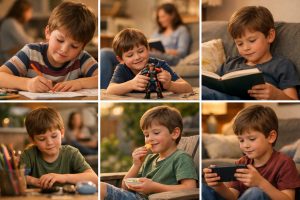 Six-panel collage showing a school-age boy decompressing after school by coloring, playing quietly with a toy figure, reading a book, doing calm desk work, eating a snack outside, and playing a low-pressure game on a handheld device.