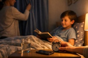 Child reading in bed during a calm bedtime routine while a parent closes the curtains; a bedside table shows a glass of water, an alarm clock, and a phone set aside away from the bed.