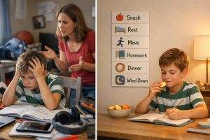 Split image showing an overwhelmed boy doing homework while a parent looks frustrated in a cluttered room, contrasted with the same boy calmly snacking and studying beside a clear routine chart listing snack, rest, move, homework, dinner, and wind down.