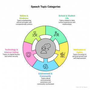 Circular infographic showing 2-minute speech topic categories for students: school & student life, motivation & habits, environment & community, technology & internet safety, and values & kindness.