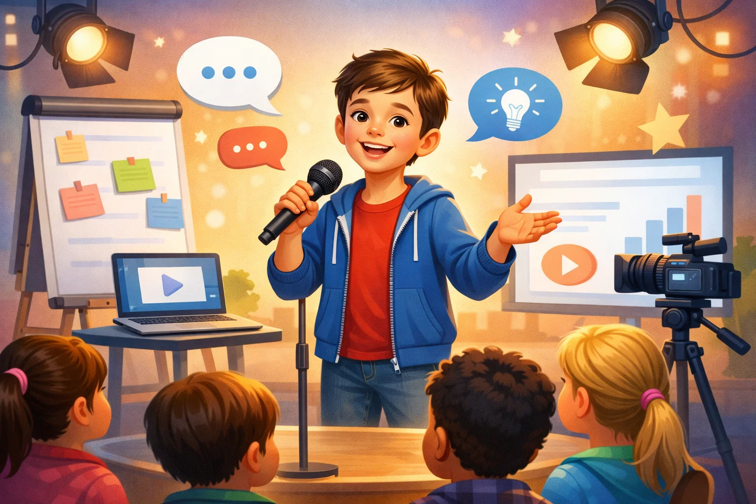 Illustrated scene of a smiling boy speaking confidently into a microphone in front of other children, with stage lights, speech bubbles, a flip chart, laptop, presentation screen, and video camera around him.