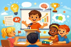 Colorful illustration of a young boy confidently speaking at a podium in front of classmates, surrounded by symbols of learning and growth like a lightbulb, trophy, speech bubbles, A+ sign, and chart.