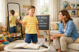 A young boy practices a speech at home while smiling and gesturing, as a woman watches supportively beside him. A mirror, chalkboard with speech outline, open book, and microphone reinforce the home public speaking practice setting.