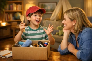 A young boy excitedly holds up a wooden spoon from a box of household items while speaking animatedly to a smiling woman, showing a fun at-home mystery box speaking activity.