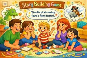 Colorful illustration of a family sitting in a circle and laughing during a story-building game, with playful thought bubbles showing a dragon and a flying monkey in a toaster.