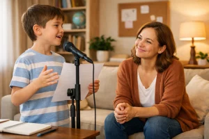 A young boy practices speaking into a microphone while holding a paper, as a smiling woman sits nearby and listens supportively in a cozy home setting.