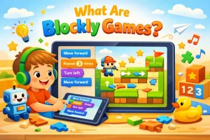 Child learning coding with Blockly Games on a tablet and laptop using colorful drag-and-drop blocks like move forward and repeat to solve a fun maze puzzle