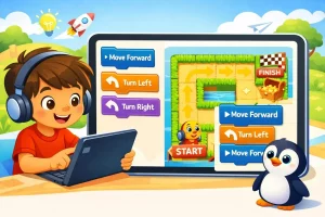 Kid learning coding with a Blockly-style maze game using drag-and-drop blocks like move forward, turn left, and turn right to reach the finish point