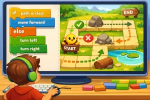 Kid playing a Blockly-style bird coding game using if-else logic blocks to guide a bird through obstacles and reach the end path