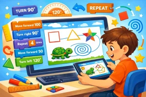Kid using a Blockly-style turtle coding game to draw shapes and patterns with commands like move forward, turn angles, and repeat to create geometric designs