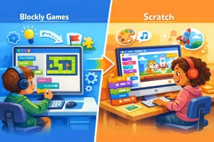 Comparison of Blockly Games and Scratch showing kids learning coding through puzzle-based blocks on one side and creating animations and games on the other