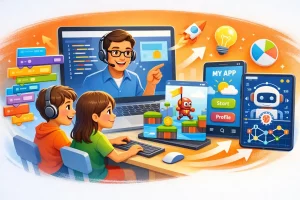 Kids learning coding online with a teacher, building games, apps, and AI projects as they progress from block-based coding to real programming skills