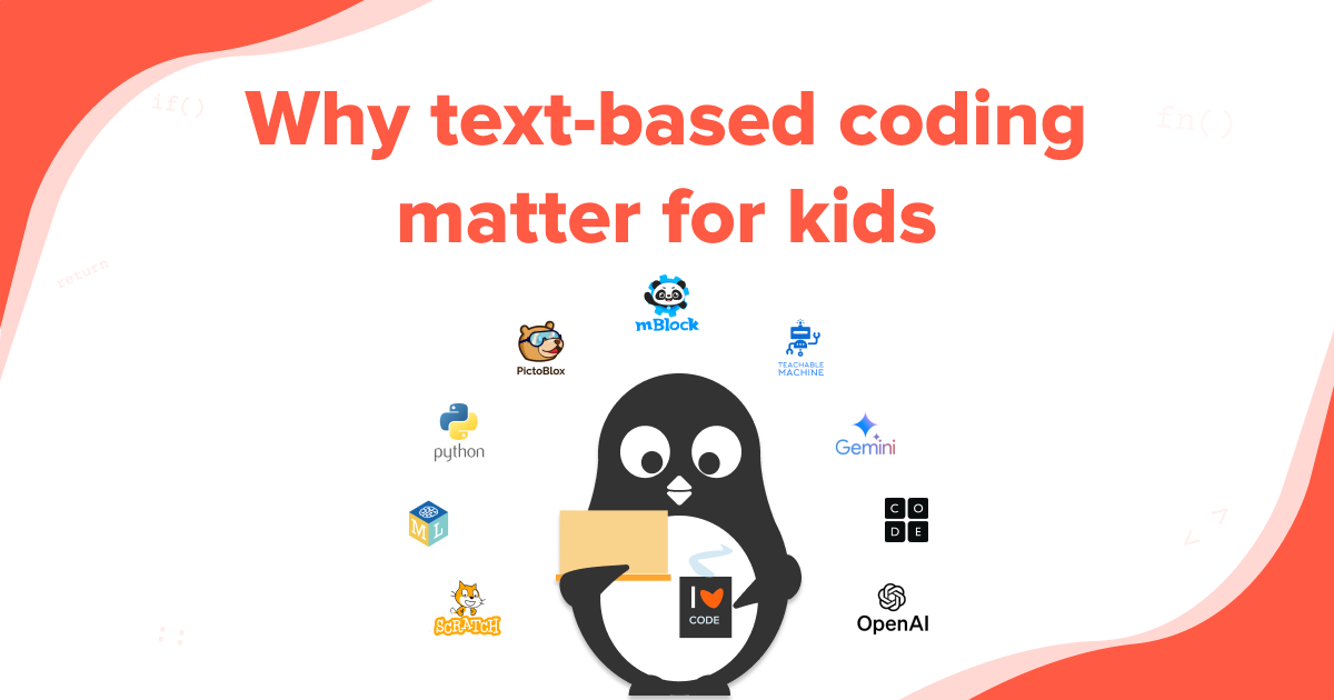 a penguin holding a laptop surrounded by coding languages with display text "why text-based coding for kids"